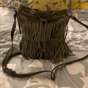 Patricia Nash suede fringe cross body bucket bag